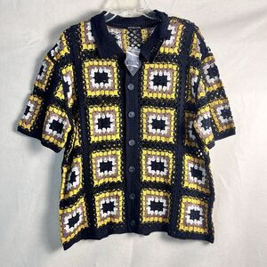 MORSECODE Knitted Granny Squares Short Sleeve Button Up Shirt Mens Large